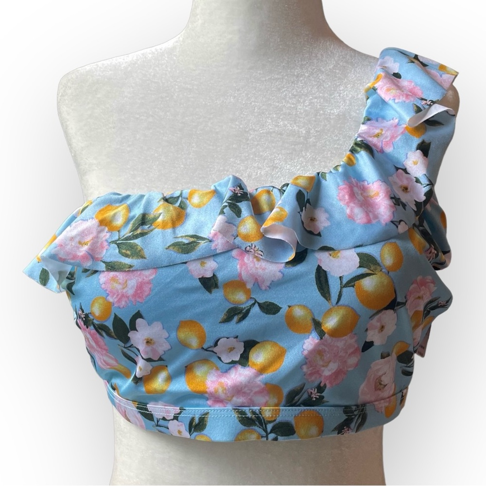 Victoria's Secret Swim Bikini Top XL One Shoulder Ruffle Blue Lemon Feminine
